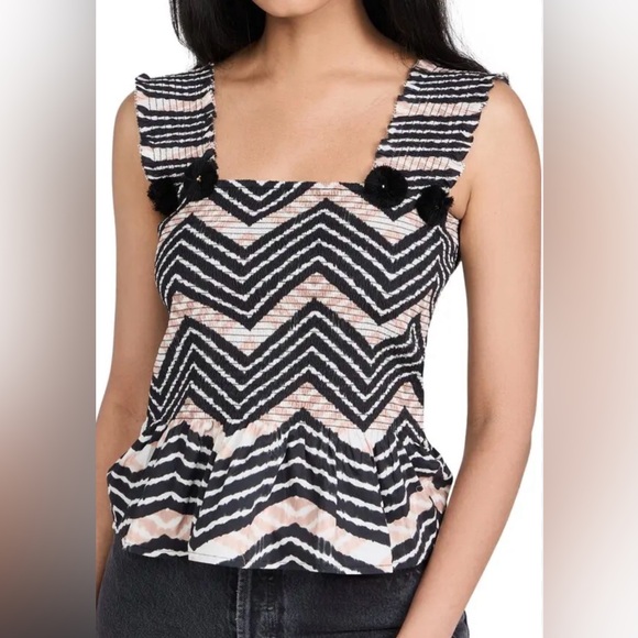 Figue Luella Smocked Chevron Tie Dye Shirred Peplum Top Black Size Small